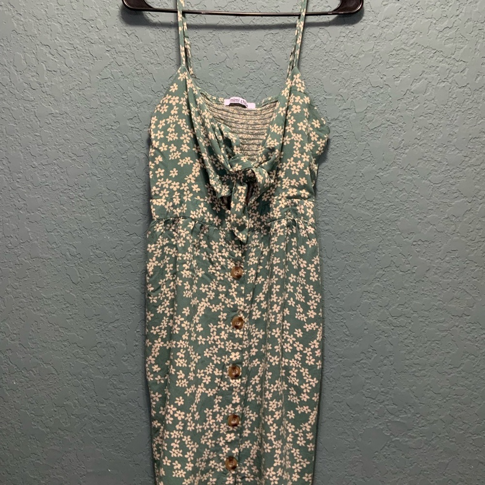 mimi chica dress, olive green, front tie with exposed area front pockets,